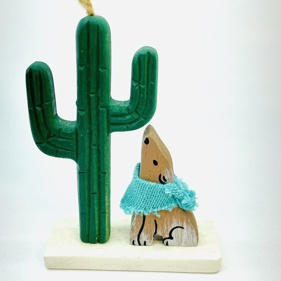 Unique Vintage Handmade Wolf And Cactus Christmas Ornament Southwest Wood Taiwan - Picture 1 of 11